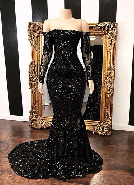 Shop 2022 Annakoo Off The Shoulder Black Sequin Trumpet Mermaid Long Sleeve Prom Formal Dress Under 225