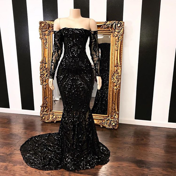 Shop 2022 Annakoo Off The Shoulder Black Sequin Trumpet Mermaid Long Sleeve Prom Formal Dress Under 225