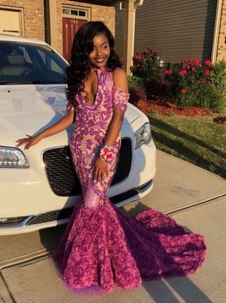 Shop 2022 Purple Halter Mermaid Keyhole 3D Flower Cold Shoulder Prom Formal Dress Under 129