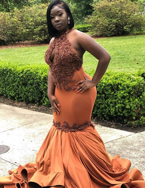 Shop 2022 Annakoo Orange Halter Keyhole Satin Trumpet Mermaid Sleeveless Appliques Prom Dress Under 219