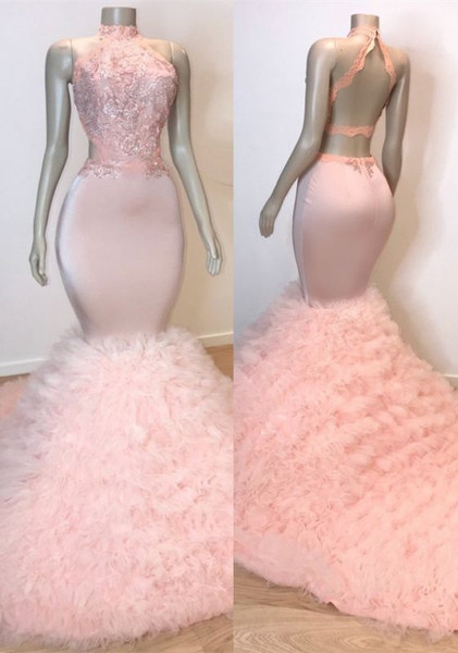 Shop 2022 Annakoo Pink Halter Backless Tulle Beading Trumpet Mermaid Formal Prom Dress Under 325