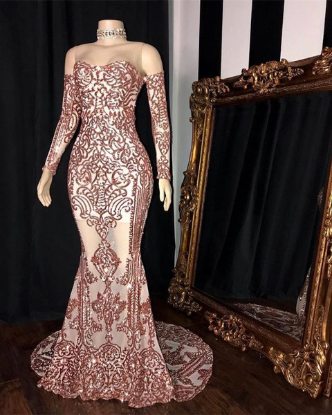 Shop 2022 ANNAKOO Rose Gold Long Sleeves Sheer Neck Sheath Column Prom Formal Dress Under 239