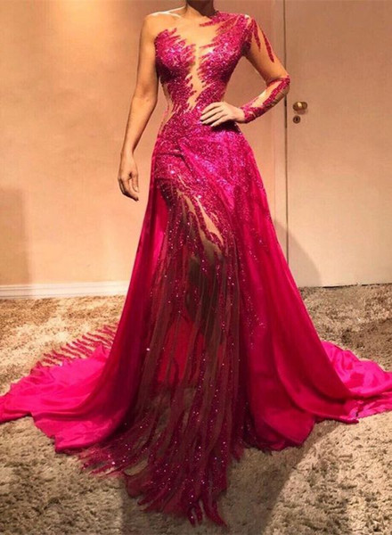 Shop 2022 Hot Pink One Shoulder Long Sleeves Beading See Through Prom Formal Dress Under 319