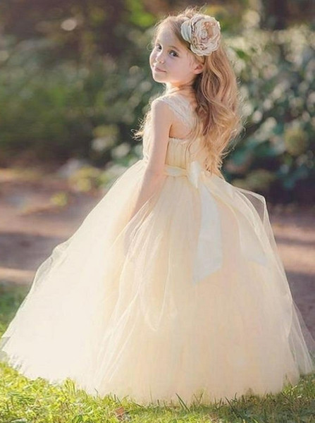 Sash Ball Gown Square Light Champagne Tulle Flower Girl Dress
