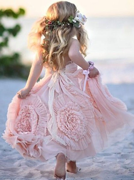 Ruffles Flowers Halter Long Pink Tulle Flower Girl Dress 