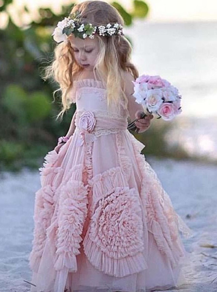 Ruffles Flowers Halter Long Pink Tulle Flower Girl Dress 