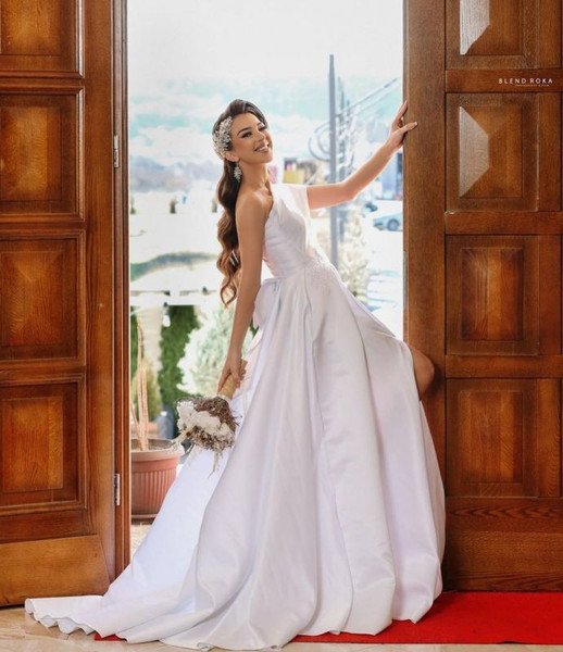 Buy 2022 One Shoulder Satin A Line Elegant Wedding Dress With Split Under 168