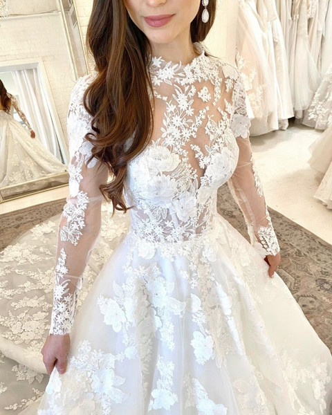 Shop 2022 Annakoo High Neck Lace Long Sleeve Appliques Tulle Wedding Dress Under 288