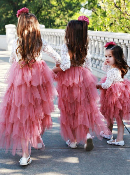Long Sleeve Hot Pink Tulle Flower Girl Dress with Lace