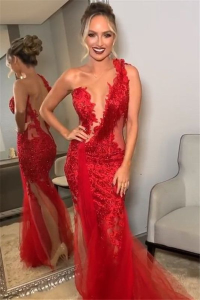 Shop Annakoo 2022 One Shoulder Red Lace Sheer Back Trumpet Mermaid Prom Dress Under 229