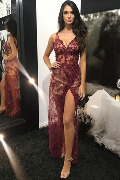 Shop 2022 Annakoo Burgundy Lace Beading Detachable Train Backless Prom Dress Under 299
