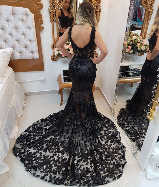 Shop 2022 Annakoo Straps Black Lace Sweep Train Mermaid Long Prom Dress Under 199