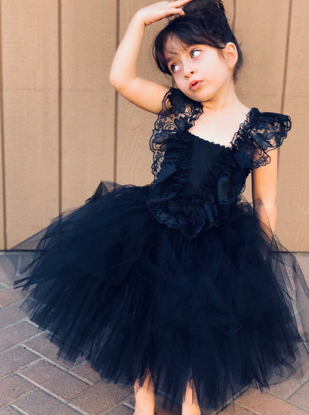 Ruffles Cheap Ball Gown Navy Blue Tulle Flower Girl Dress