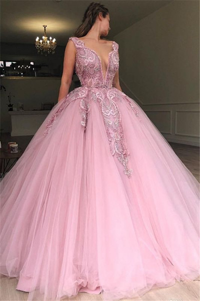Shop 2022 ANNAKOO V Neck Pink Beading Appliques Ball Gown Prom Dress Under 298