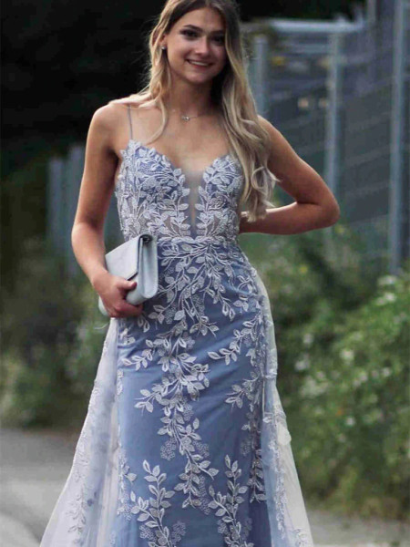Blue Lace Appliques Backless Mermaid Prom Dress