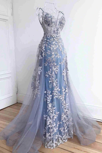 Shop 2022 ANNAKOO Blue Lace Appliques Backless Mermaid Prom Dress Under 219