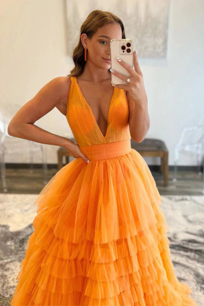Shop Annakoo 2022 Orange Tulle Ruffles A Line V Neck Prom Dress Under 175