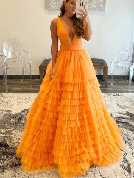 Shop Annakoo 2022 Orange Tulle Ruffles A Line V Neck Prom Dress Under 175
