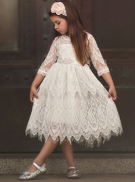 Sash Beading Half Sleeves White Lace Flower Girl Dress