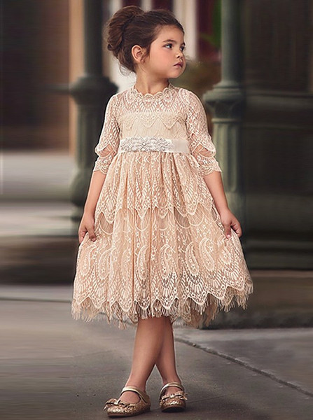 Sash Beading Half Sleeves White Lace Flower Girl Dress