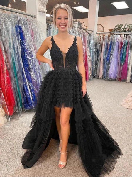 Shop 2022 ANNAKOO Black High Low Tulle Ruffles A Line Prom Dress Under 158