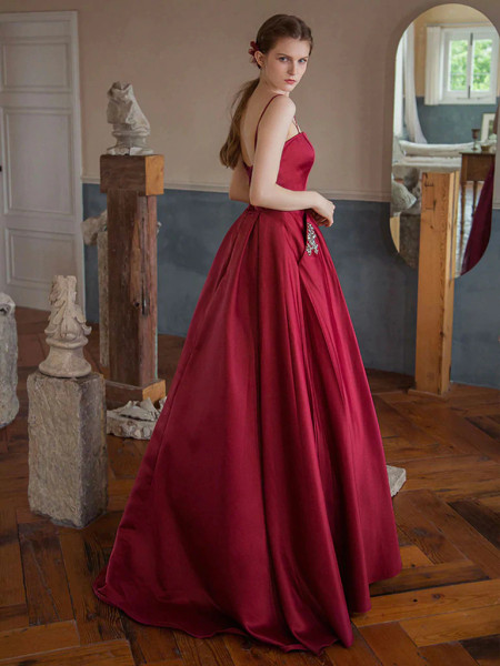 Shop 2022 ANNAKOO Burgundy Strapless Beading Pocktes A Line Satin Formal Dress Under 148