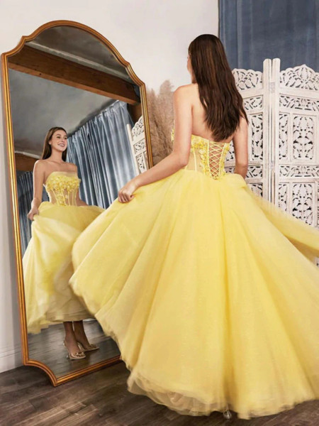 Shop Annakoo 2022 Yellow Sweetheart See Through Lace Up Back Prom Dress Under 169