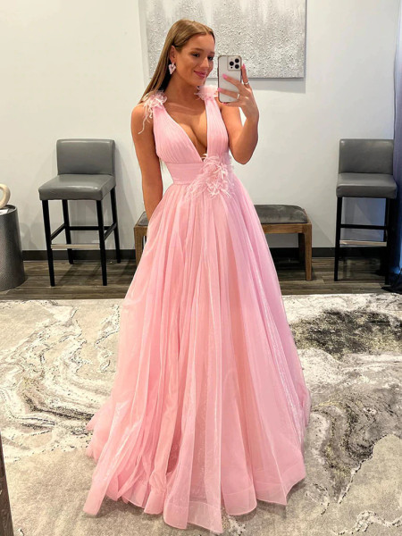 Shop Annakoo 2022 Pink Feather Long V Neck A Line Tulle Prom Dress Under 179