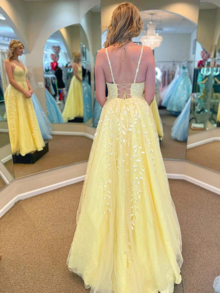 Yellow V Neck Appliques Tulle A Line Prom Dress