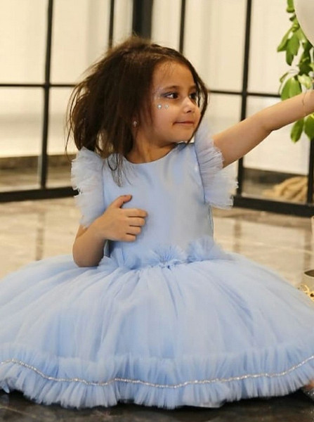 Cute Little Ruffles Bowknot Light Blue Flower Girl Dress 