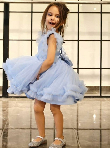 Cute Little Ruffles Bowknot Light Blue Flower Girl Dress 