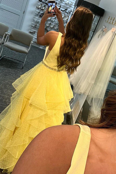 Shop 2022 Annakoo Yellow V Neck Beading Ruffles A Line Prom Dress Under 178