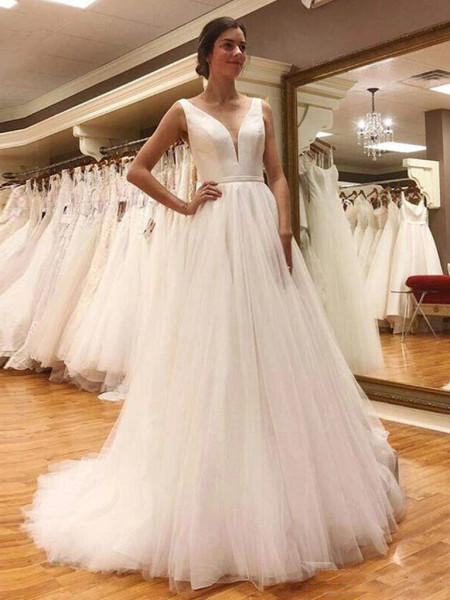 Shop 2022 Annakoo White Tulle Backless V Neck Beach Style Wedding Dress Under 165
