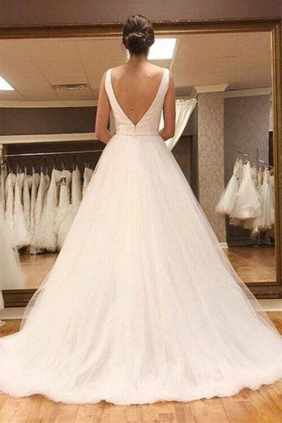 Shop 2022 Annakoo White Tulle Backless V Neck Beach Style Wedding Dress Under 165