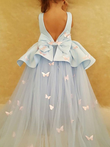  Ruffles Appliques Butterfly  Bateau Blue Tulle Flower Girl Dress