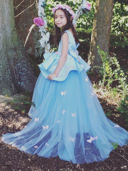  Ruffles Appliques Butterfly  Bateau Blue Tulle Flower Girl Dress