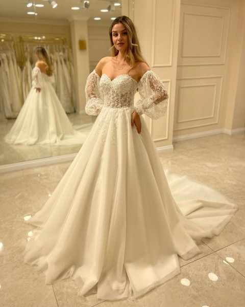 Shop 2022 ANNAKOO Sweetheart Puffy Sleeves Beading A Line Wedding Dress under 275