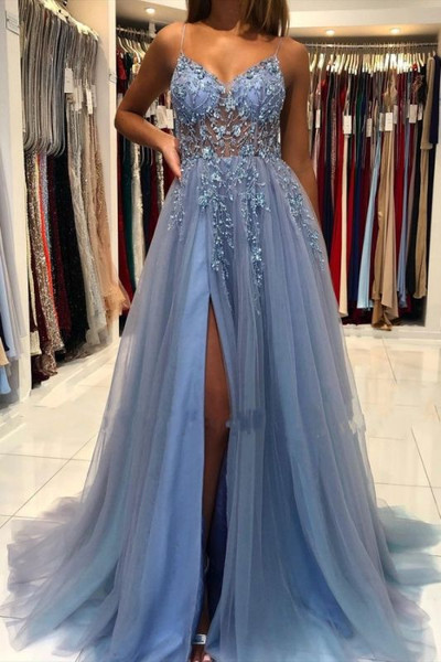 Blue Sexy Glitter Side Slit Evening Prom Dress