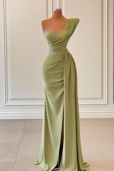 Shop 2022 Annakoo One Shoulder Beadings Green Satin Evening Dress with Side Slit Cape 