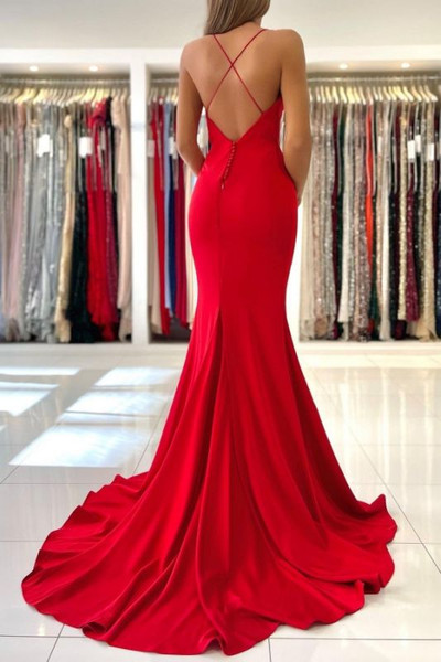 Shop 2022 ANNAKOO Red Satin Straps Mermaid Long Evening Prom Dress Under 119