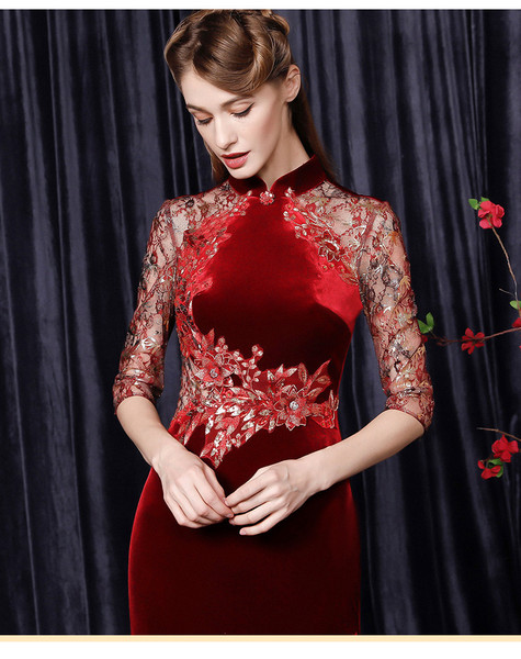 Shop Annakoo Burgundy High Neck Velvet Ankle Length Mother Of The Bride Dress