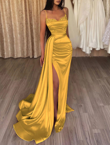 Shop 2022  Orange Spaghetti Straps Satin Trumpet Mermaid Prom Dress Under 138