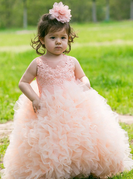Cute Tulle Ball Gown Pink Flower Girl Dress with Appliques