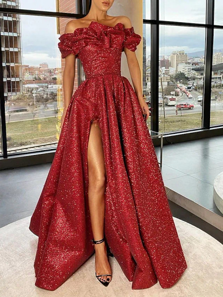 Shop 2022 Burgundy Off The Shoulder Sequin Prom Dress With Slit Under 164