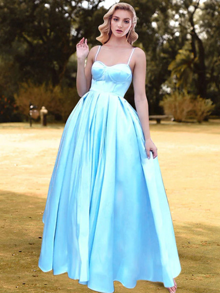 Shop 2022 ANNAKOO Blue Satin Staps A Line Simple Prom Formal Dress under 135