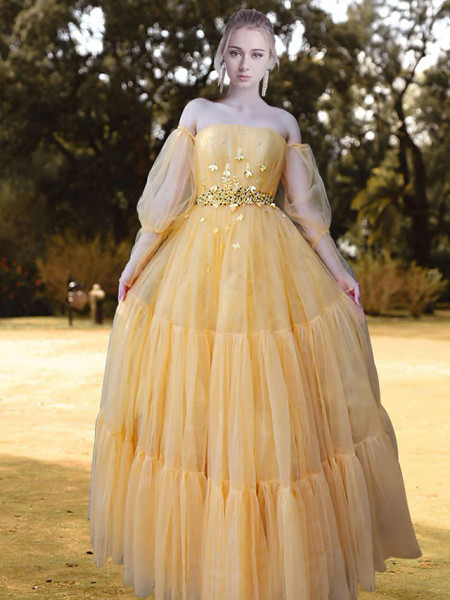 Shop 2022 ANNAKOO Yellow Ball Gown Long Sleeve Beading Tulle Prom Dress Under 163