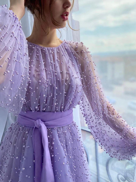 Shop 2022 ANNAKOO Lavender Tulle Long Sleeve Beading A Line Prom Dress Under 288