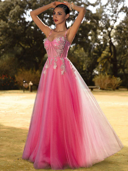 Shop 2022 ANNAKOO Pink Puffy Appliques See Through Spaghetti Strap Prom Dress Under 188