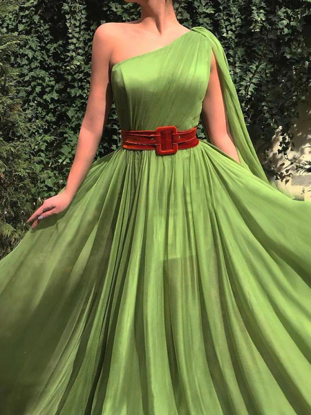 Shop 2022 ANNAKOO Green One Shoulder Chiffon Pleats A Line Formal Prom Dress Under 143