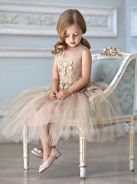  Champagne  A Line Tulle Flower Girl Dress with Appliques